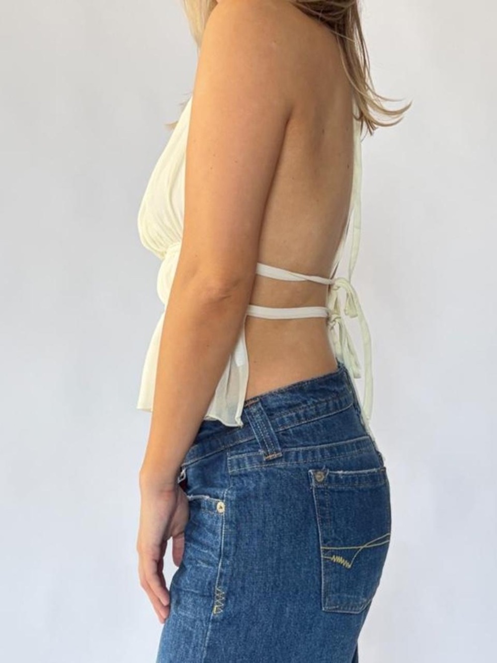 Halter Top Cream Ruched Boho Small - Picture 2 of 5